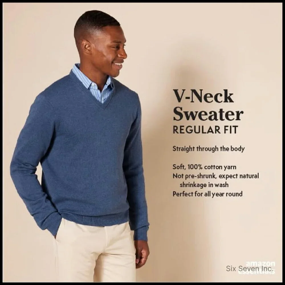 Men's V-Neck Pullover Sweater Classic Cotton Ribbed Collar Lightweight Layering